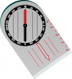 Duża czerwona strzałka kompasu pokazuje poszukiwany azymut